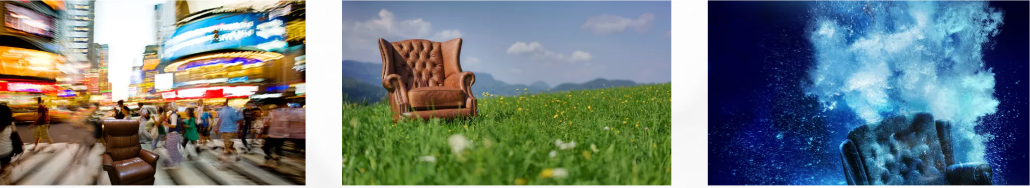 An armchair pauses amid Times Square’s bustle, in a quiet meadow, and beneath the water.