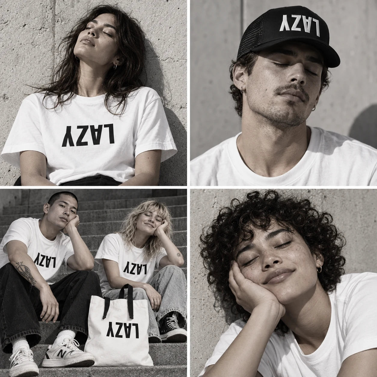 A four-panel portrait collage of young adults taking a pause in Slothmopolitan shirts and a cap, with a tote beside friends on the steps.